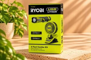 NWT RYOBI USB Lithium 2-Tool Combo Kit Flashlight & Clip-On Fan